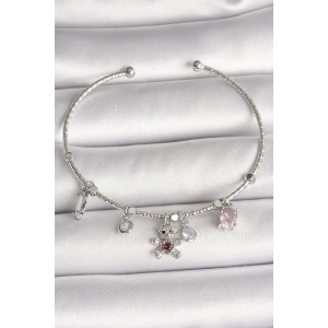 Pirinç Gümüş Renk Sallantı Zirkon Taşlı Ayıcık Figür Kırmızı Taş Detay Charm Kadın Bileklik - TJ-BB6912