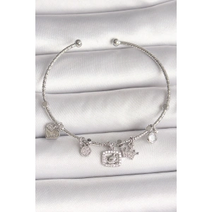Pirinç Gümüş Renk Sallantı Zirkon Taşlı Ayıcık Figür Taç Detay Charm Kadın Bileklik