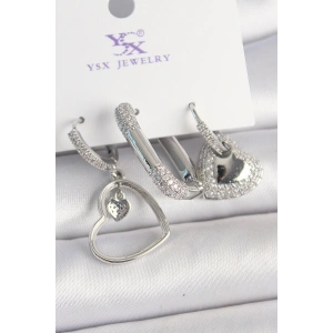 Pirinç Gümüş Renk Sallantı Zirkon Taşlı Kalp Model 3Lü Kadın Kombin Küpe - TJ-BKP10442