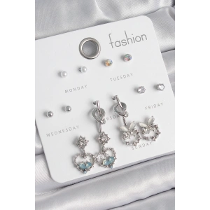 Pirinç Gümüş Renk Sallantı Zirkon Taşlı Kalp Model Düğüm Detay 7 Çift Kadın Küpe Seti