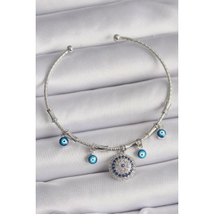 Pirinç Gümüş Renk Sallantı Zirkon Taşlı Nazar Boncuk Figür Charm Bileklik - TJ-BB6558