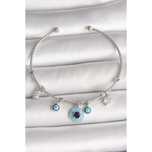 Pirinç Gümüş Renk Sallantı Zirkon Taşlı Nazar Boncuk Figür Charm Kadın Bileklik