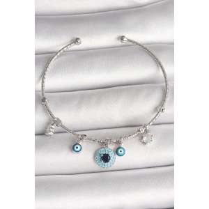 Pirinç Gümüş Renk Sallantı Zirkon Taşlı Nazar Boncuk Figür Charm Kadın Bileklik - TJ-BB6911