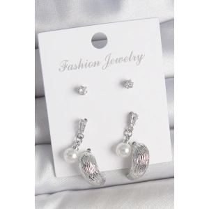 Pirinç Gümüş Renk Sallantılı Zirkon Taşlı Damla Model 3 Çift Kadın Küpe Seti - TJ-BKP10593