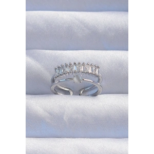 Pirinç Gümüş Renk Sedefli Zirkon Taşlı Su Yolu Model 2li Görünüm Ayarlanabilir Yüzük - TJ-BYK3254