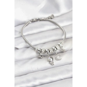 Pirinç Gümüş Renk Uzay Tema Charmlı Kadın Bileklik