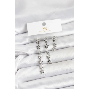 Pirinç Gümüş Renk Yıldız Model YSX Trio Küpe Seti - TJ-BKP11555