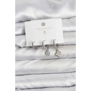 Pirinç Gümüş Renk Yonca Model 3lü Kadın Küpe Seti - TJ-BKP11446