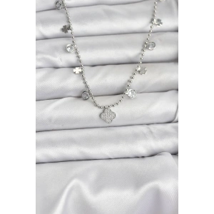 Pirinç Gümüş Renk Yonca Model Kadın Kolye - TJ-BKO10651