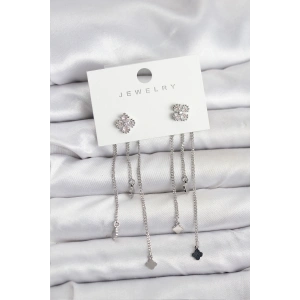 Pirinç Gümüş Renk Yonca Model Sallantılı Kadın Küpe - TJ-BKP11454