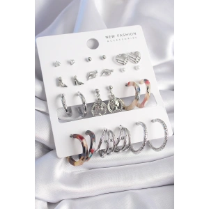 Pirinç Gümüş Renk Zirkon Taş Detaylı 12 Çift Kadın Küpe Seti - TJ-BKP9680