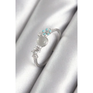 Pirinç Gümüş Renk Zirkon Taş Detaylı Beyaz Sedefli Çiçek Model Kadın Yüzük - TJ-BYK3044