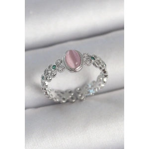 Pirinç Gümüş Renk Zirkon Taş Detaylı Pembe Mineli Damla Model Ayarlanabilir Kadın Yüzük