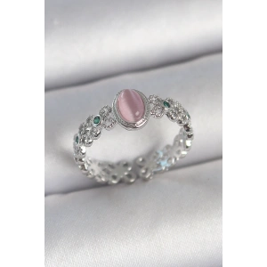 Pirinç Gümüş Renk Zirkon Taş Detaylı Pembe Mineli Damla Model Ayarlanabilir Kadın Yüzük - TJ-BYK3724