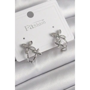 Pirinç Gümüş Renk Zirkon Taşlı 2Li Çiçek Model Kadın Küpe