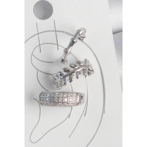 Pirinç Gümüş Renk Zirkon Taşlı 3Lü Model Yaprak Figür Kadın Kıkırdak Küpe - TJ-BKP10564