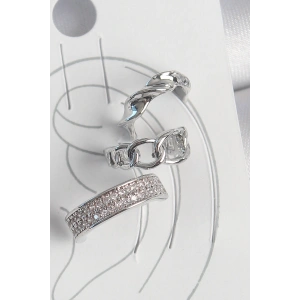 Pirinç Gümüş Renk Zirkon Taşlı 3Lü Zincir Sarmal Model Kadın Kıkırdak Küpe - TJ-BKP10565