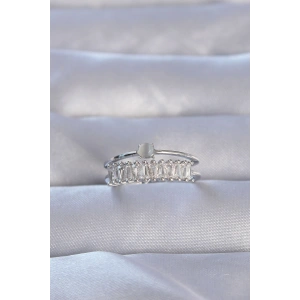 Pirinç Gümüş Renk Zirkon Taşlı Baget Su Yolu Model Ayarlanabilir Yüzük - TJ-BYK3228