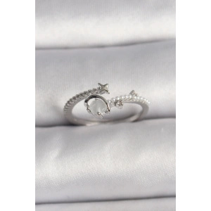 Pirinç Gümüş Renk Zirkon Taşlı Beyaz Mineli Yıldız Detay Ayarlanabilir Kadın Yüzük - TJ-BYK3570