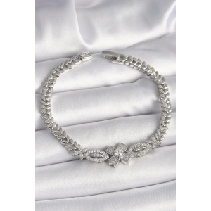 Pirinç Gümüş Renk Zirkon Taşlı Çiçek Figür Arpa Zincir Model Kadın Bileklik - TJ-BB6817