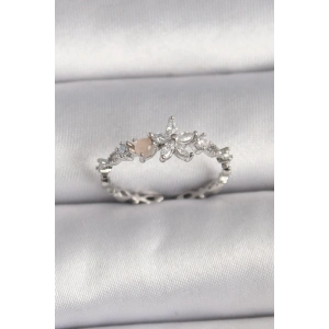 Pirinç Gümüş Renk Zirkon Taşlı Çiçek Model Ayarlanabilir Yüzük - TJ-BYK3564