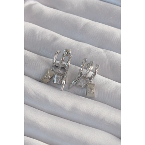 Pirinç Gümüş Renk Zirkon Taşlı Çoklu Aksesuarlı Yarım Halka Kaburga Küpe