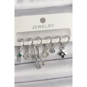 Pirinç Gümüş Renk Zirkon Taşlı Çoklu Figür Kadın Küpe Seti - TJ-BKP10095