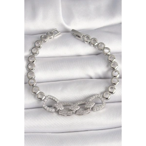 Pirinç Gümüş Renk Zirkon Taşlı Daire Zincir Model Kadın Bileklik - TJ-BB6843