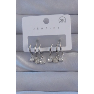 Pirinç Gümüş Renk Zirkon Taşlı Damla Model Çoklu Görünüm Yarım Halka Küpe - TJ-BKP9141