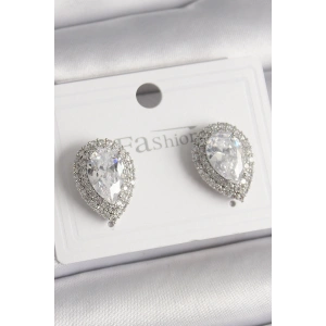 Pirinç Gümüş Renk Zirkon Taşlı Damla Model Kadın Küpe - TJ-BKP9918