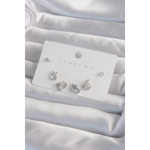 Pirinç Gümüş Renk Zirkon Taşlı Damla Model Küpe Seti