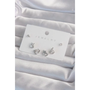 Pirinç Gümüş Renk Zirkon Taşlı Damla Model Küpe Seti - TJ-BKP9320