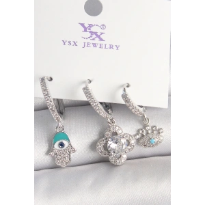 Pirinç Gümüş Renk Zirkon Taşlı Fatma Ana Yonca Figür Göz Detay 3Lü Kadın Kombin Küpe