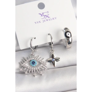 Pirinç Gümüş Renk Zirkon Taşlı Göz Model Nazar Boncuk Detay 3Lü Kadın Kombin Küpe