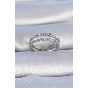 Pirinç Gümüş Renk Zirkon Taşlı İnci Detay Kadın Yüzük - TJ-BYK3337