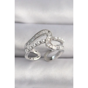 Pirinç Gümüş Renk Zirkon Taşlı İnci Detay VIP Seri Kadın Yüzük - TJ-BYK3511
