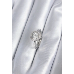 Pirinç Gümüş Renk Zirkon Taşlı Kalp Charm Model Kadın Yüzük - TJ-BYK2861