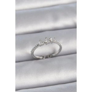 Pirinç Gümüş Renk Zirkon Taşlı Kalp İnci Detay Ayarlanabilir Model Kadın Yüzük - TJ-BYK3363