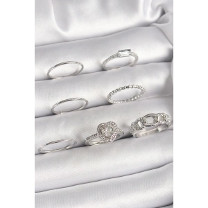 Pirinç Gümüş Renk Zirkon Taşlı Kalp Model Kadın Yüzük Kombini