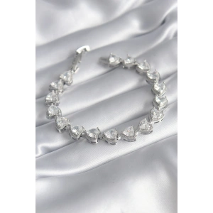 Pirinç Gümüş Renk Zirkon Taşlı Kalp Model VIP Seri Kadın Bileklik - TJ-BB5844
