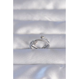 Pirinç Gümüş Renk Zirkon Taşlı Kalpli Model Ayarlanabilir Yüzük - TJ-BYK3202