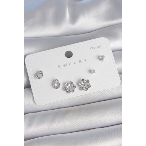 Pirinç Gümüş Renk Zirkon Taşlı Kar Tanesi Model 925 Ayar Gümüş Çivi Kadın Küpe Seti