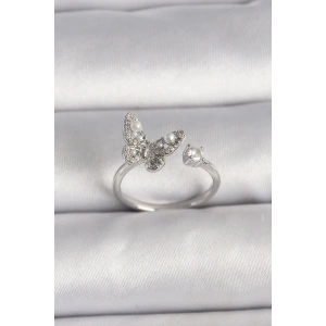 Pirinç Gümüş Renk Zirkon Taşlı Kelebek Model İnci Detay Ayarlanabilir Yüzük