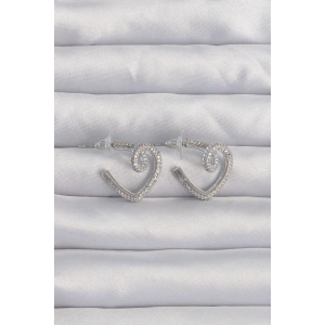 Pirinç Gümüş Renk Zirkon Taşlı Kıvrımlı Yarım Kalp Küpe - TJ-BKP9278