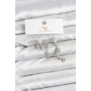 Pirinç Gümüş Renk Zirkon Taşlı Kutup Yıldızı Model YSX Trio Küpe Seti