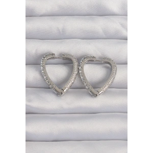 Pirinç Gümüş Renk Zirkon Taşlı Motifli Kalp Küpe - TJ-BKP9284