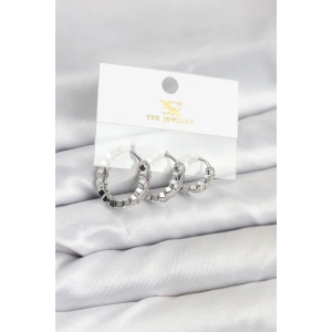 Pirinç Gümüş Renk Zirkon Taşlı Petek Halka Model YSX Trio Küpe Seti