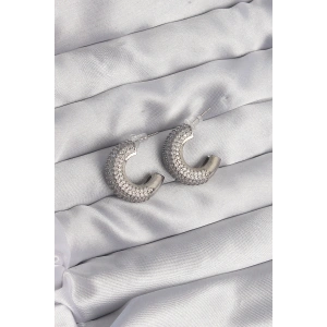 Pirinç Gümüş Renk Zirkon Taşlı Yarım Halka Küpe - TJ-BKP9114