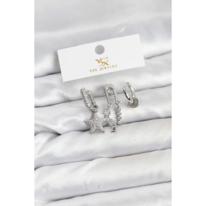 Pirinç Gümüş Renk Zirkon Taşlı Yıldız Vintage Model YSX Trio Küpe Seti
