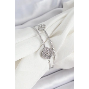 Pirinç Gümüş Renk Zirkon Taşlı Yonca Model 2li Kadın Bileklik - TJ-BB7063